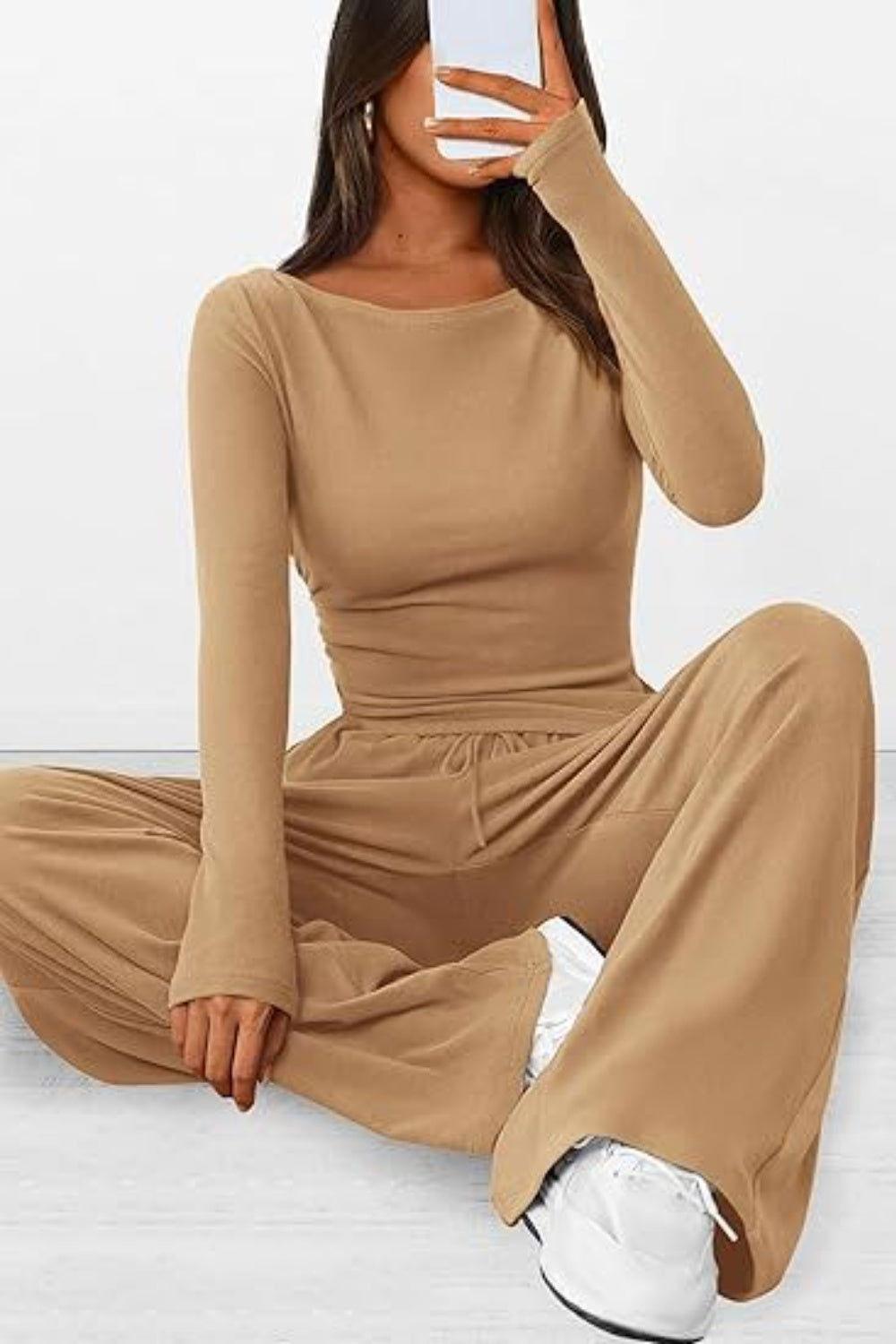Round Neck Long Sleeve Top and Pants Set - Clothes For Her Online Store