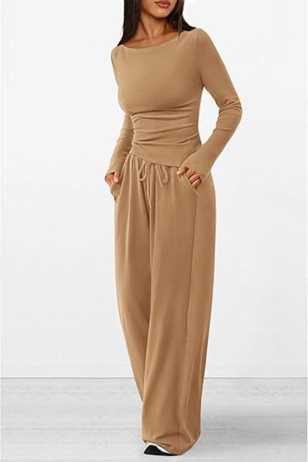 Round Neck Long Sleeve Top and Pants Set - Clothes For Her Online Store