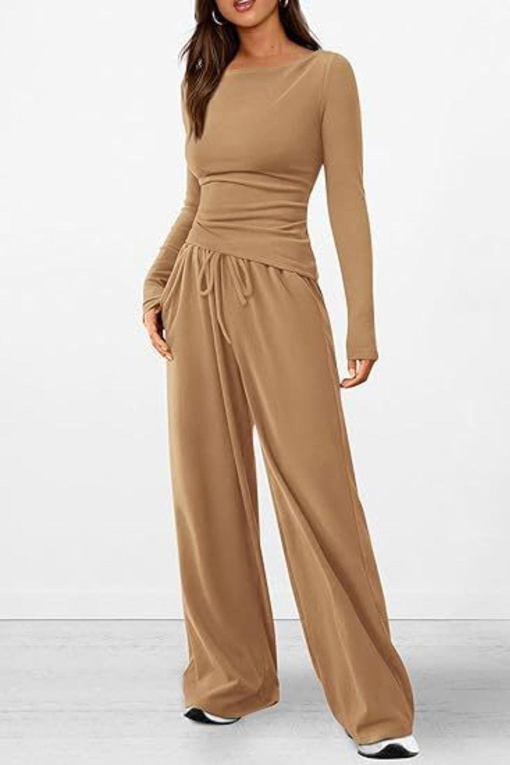 Round Neck Long Sleeve Top and Pants Set - Clothes For Her Online Store