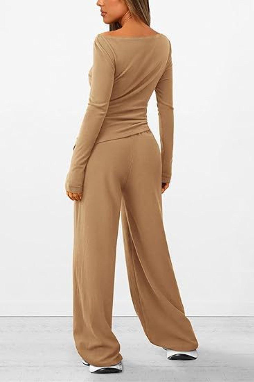 Round Neck Long Sleeve Top and Pants Set - Clothes For Her Online Store