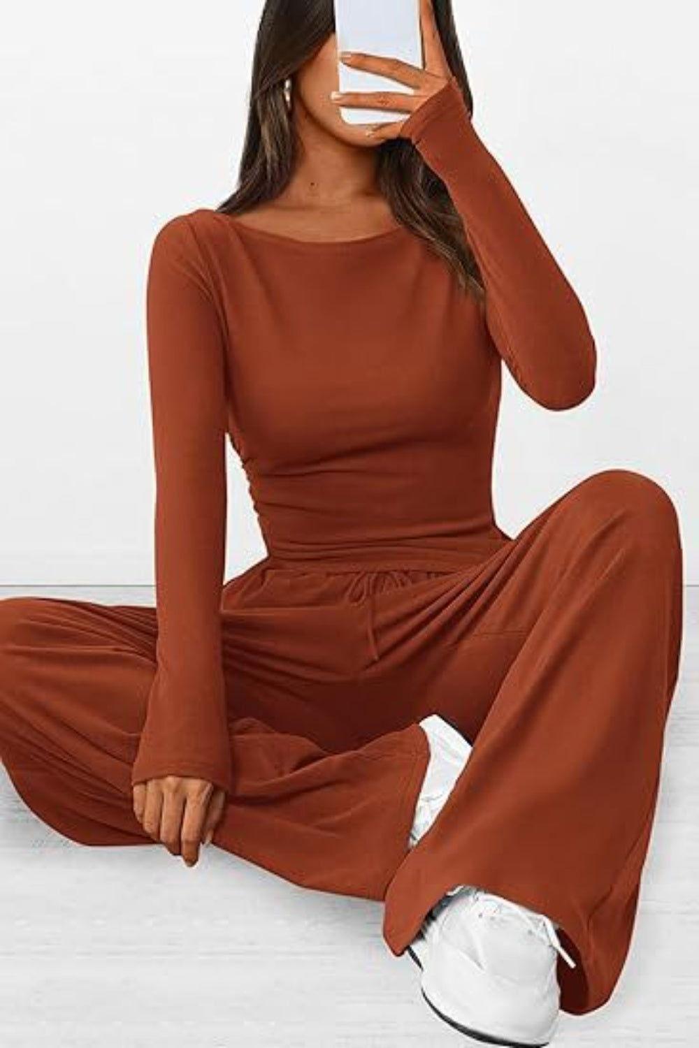 Round Neck Long Sleeve Top and Pants Set - Clothes For Her Online Store
