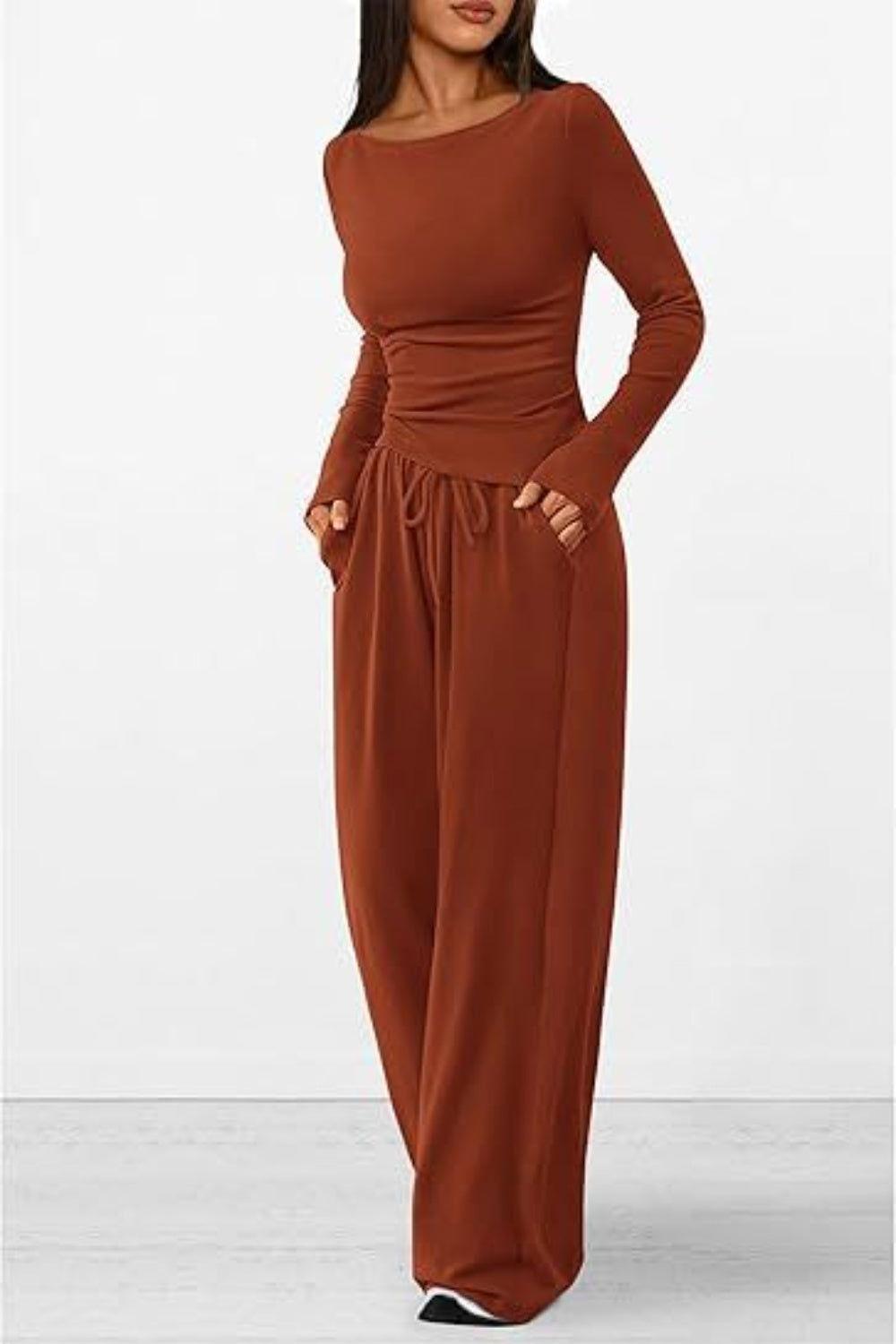Round Neck Long Sleeve Top and Pants Set - Clothes For Her Online Store