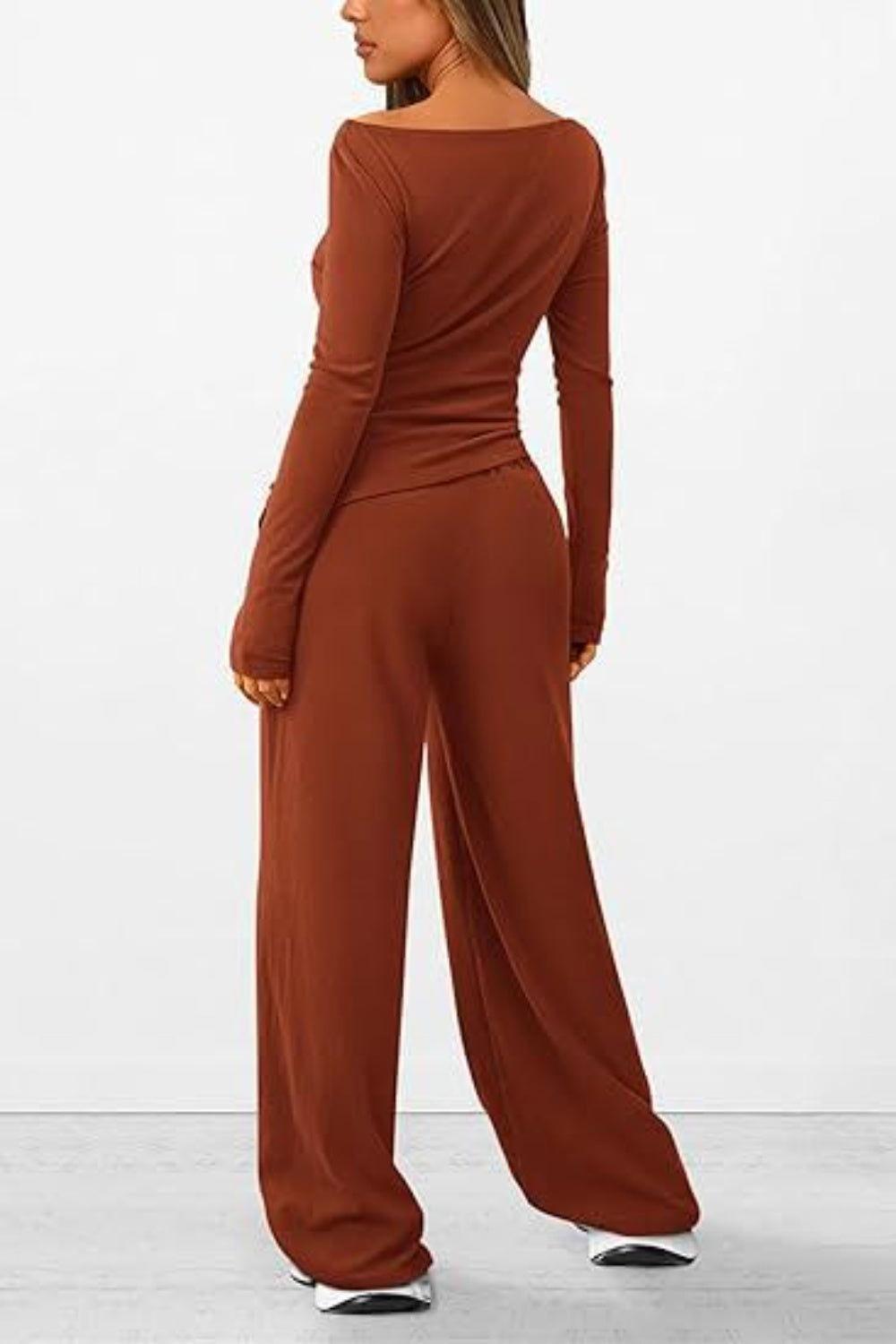 Round Neck Long Sleeve Top and Pants Set - Clothes For Her Online Store