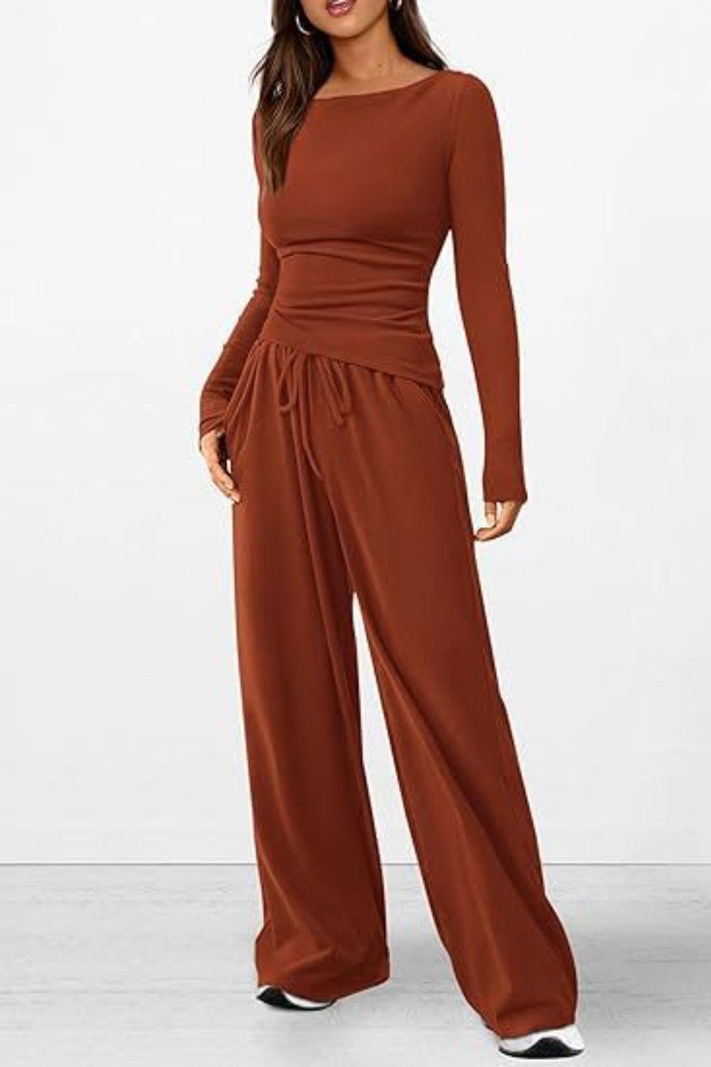 Round Neck Long Sleeve Top and Pants Set - Clothes For Her Online Store