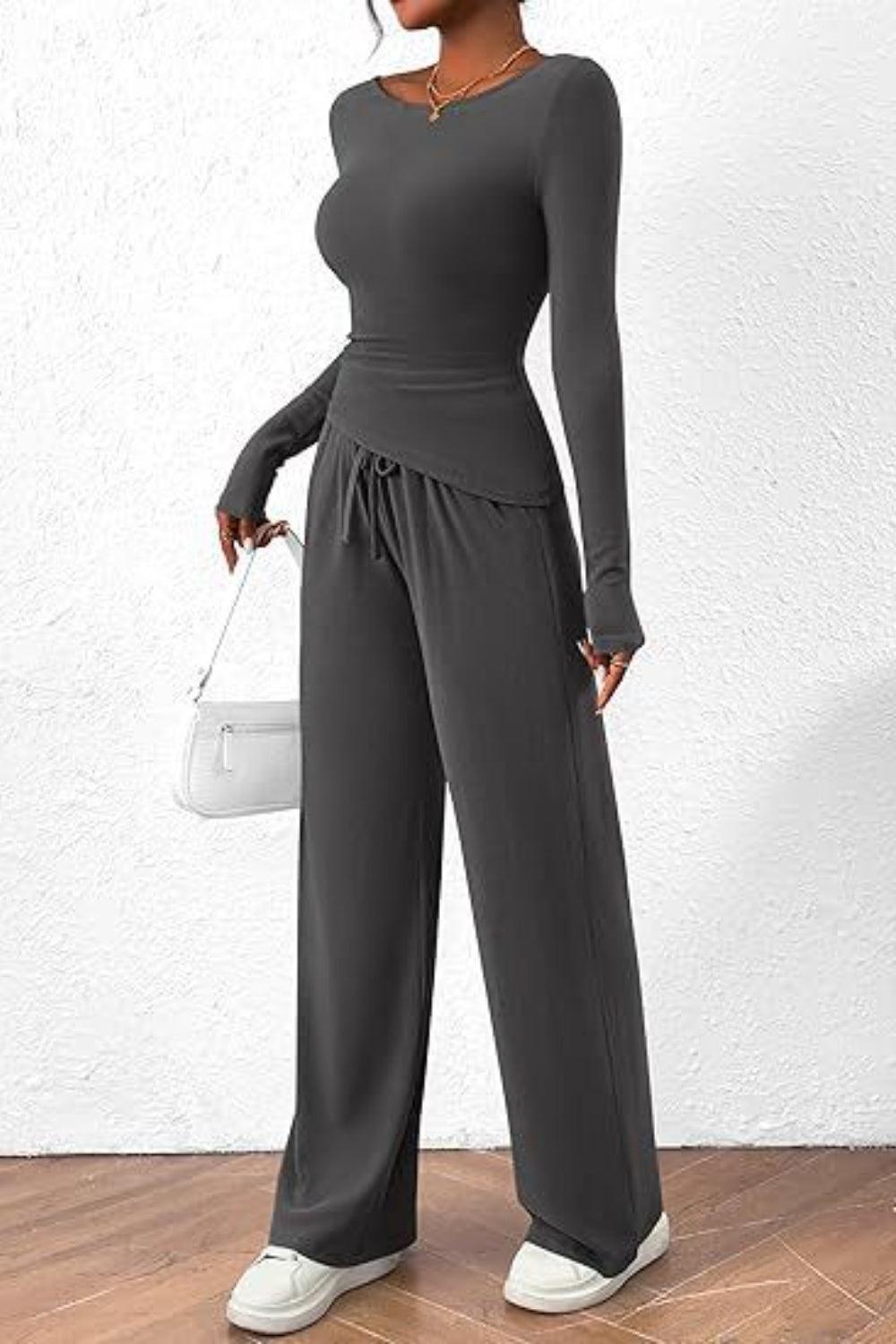Round Neck Long Sleeve Top and Pants Set - Clothes For Her Online Store