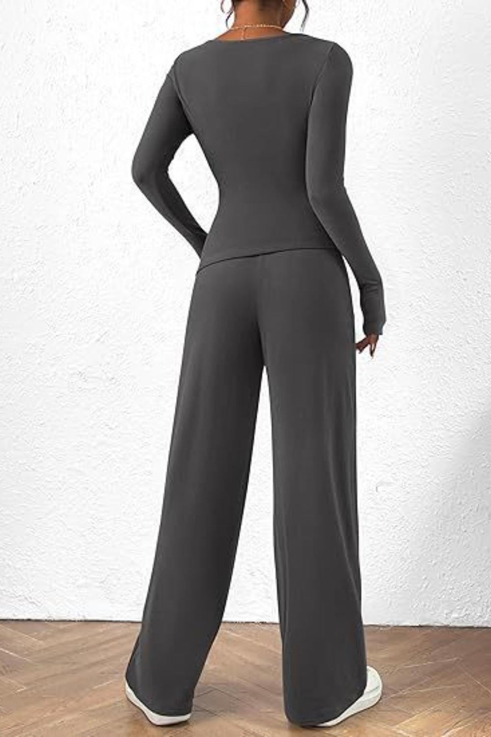 Round Neck Long Sleeve Top and Pants Set - Clothes For Her Online Store