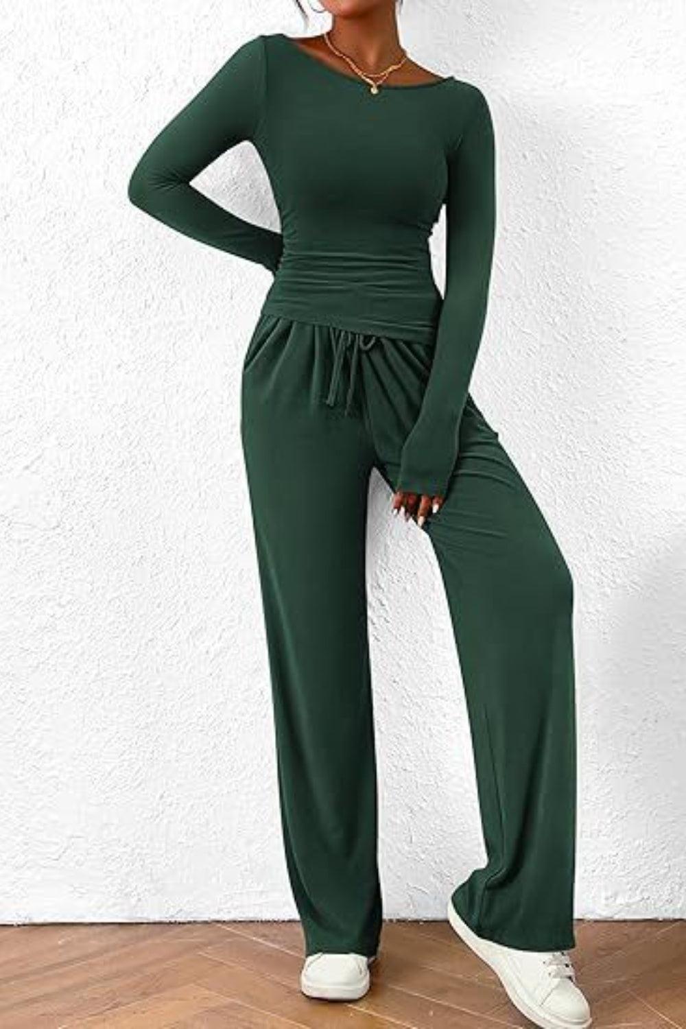 Round Neck Long Sleeve Top and Pants Set - Clothes For Her Online Store