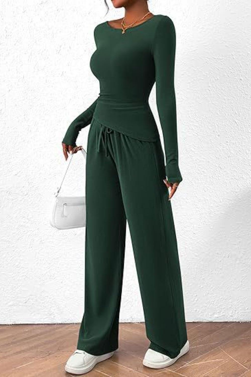 Round Neck Long Sleeve Top and Pants Set - Clothes For Her Online Store