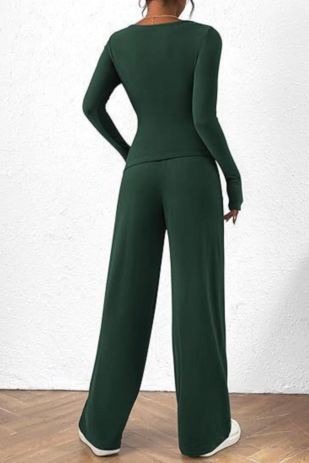 Round Neck Long Sleeve Top and Pants Set - Clothes For Her Online Store