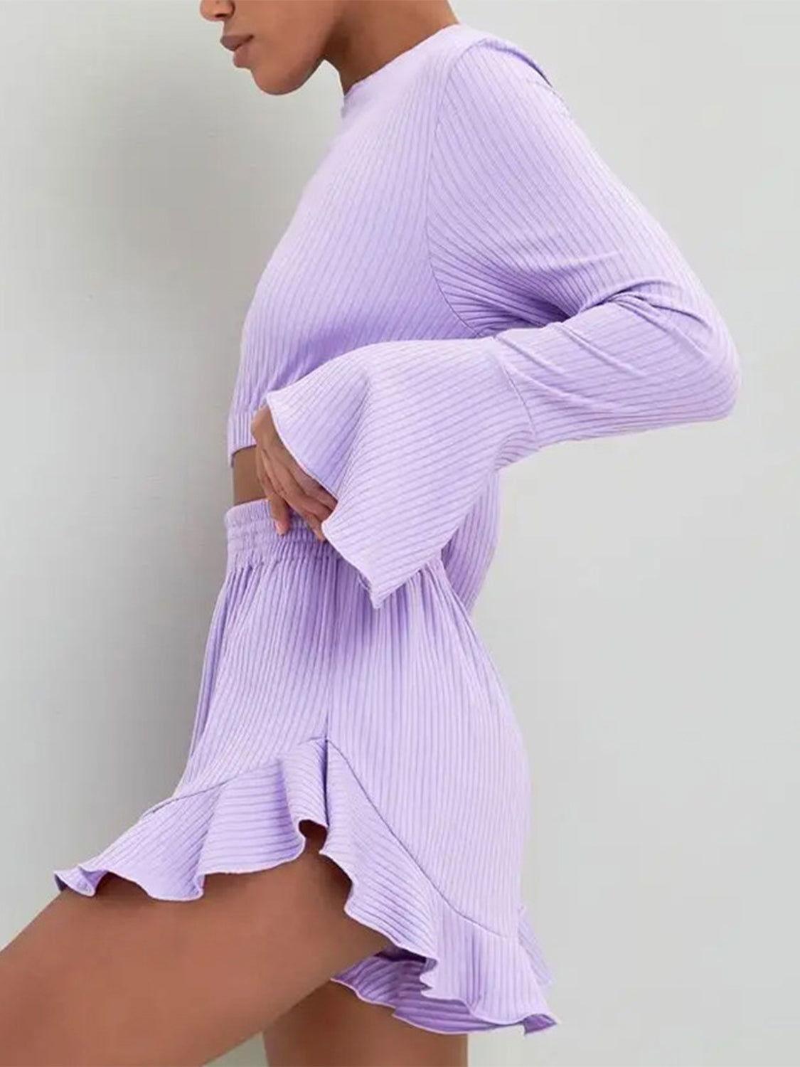 Round Neck Long Sleeve Top and Ruffled Shorts Set - Clothes For Her Online Store