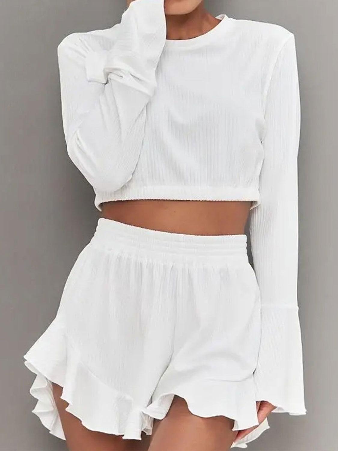 Round Neck Long Sleeve Top and Ruffled Shorts Set - Clothes For Her Online Store