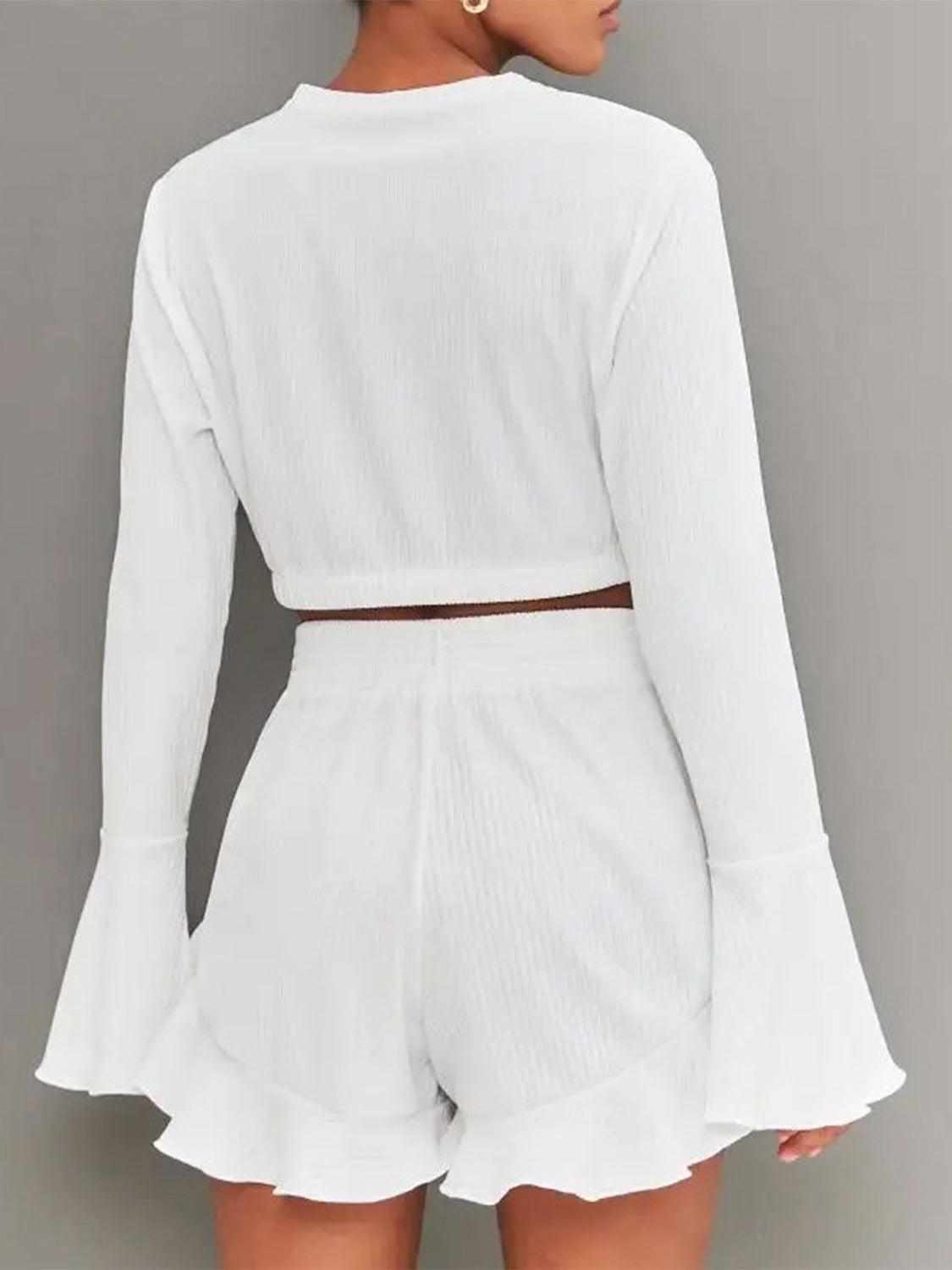 Round Neck Long Sleeve Top and Ruffled Shorts Set - Clothes For Her Online Store