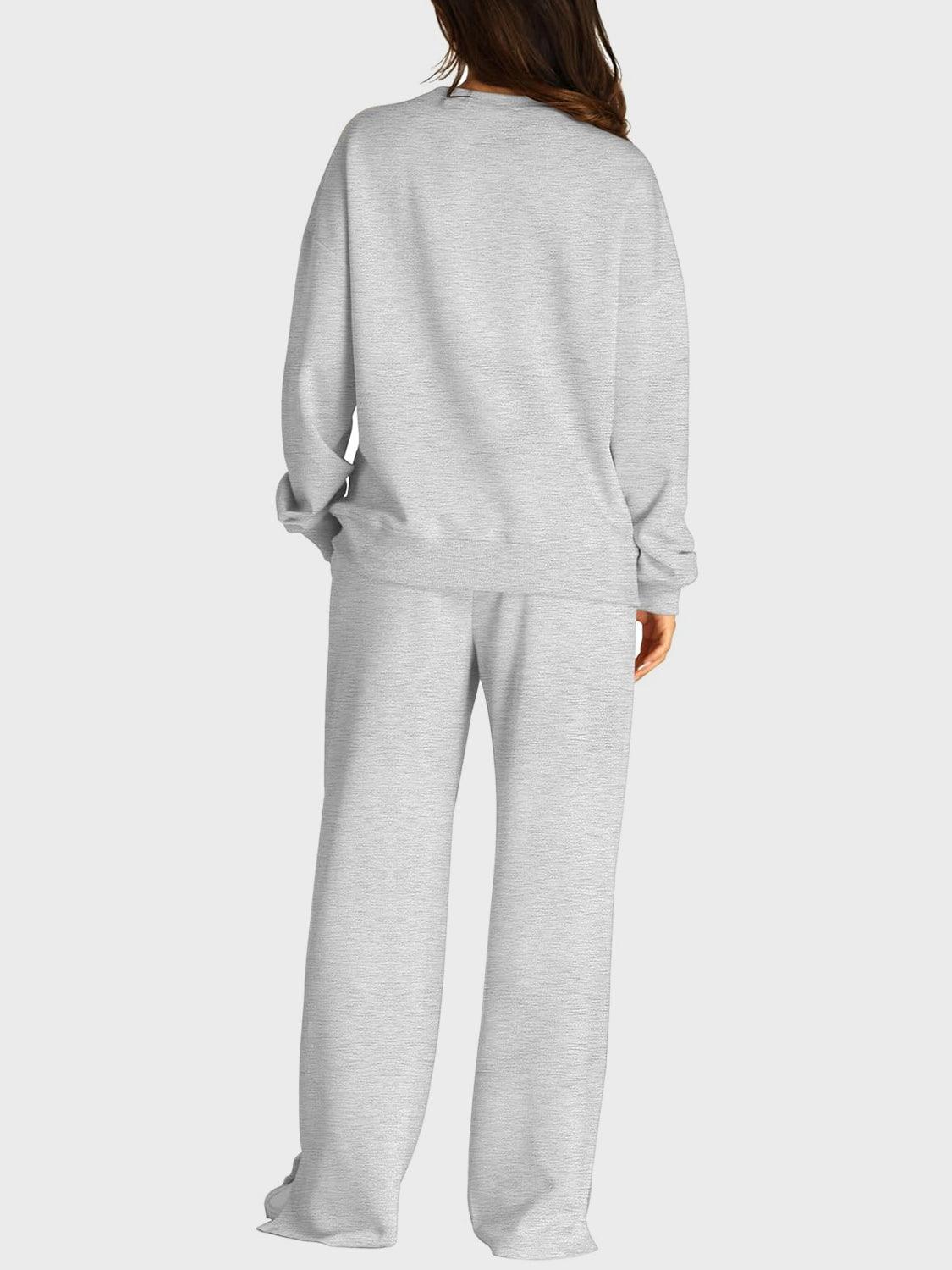 Round Neck Long Sleeve Top and Slit Pants Set - Clothes For Her Online Store