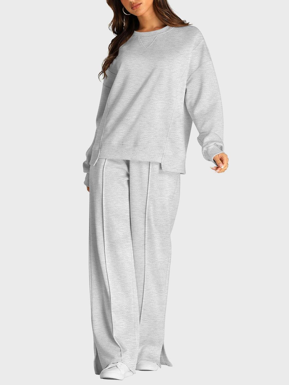 Round Neck Long Sleeve Top and Slit Pants Set - Clothes For Her Online Store