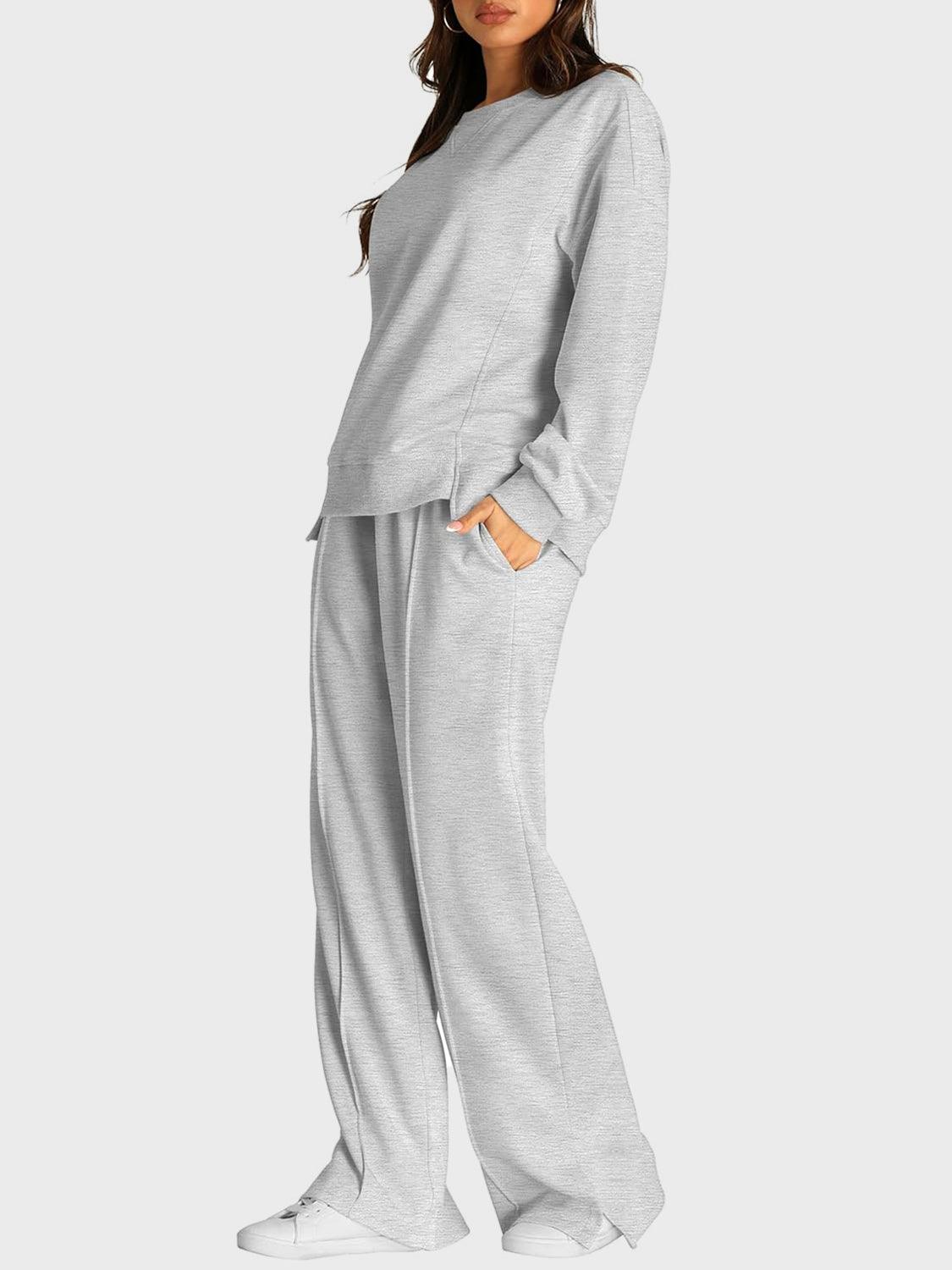 Round Neck Long Sleeve Top and Slit Pants Set - Clothes For Her Online Store