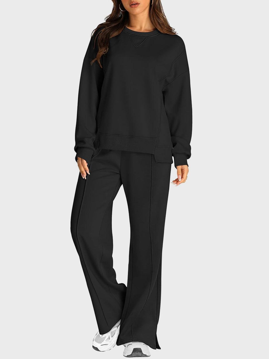 Round Neck Long Sleeve Top and Slit Pants Set - Clothes For Her Online Store