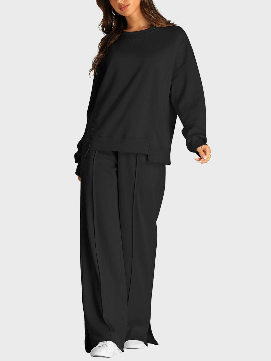 Round Neck Long Sleeve Top and Slit Pants Set - Clothes For Her Online Store