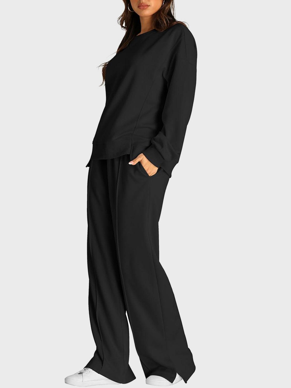 Round Neck Long Sleeve Top and Slit Pants Set - Clothes For Her Online Store