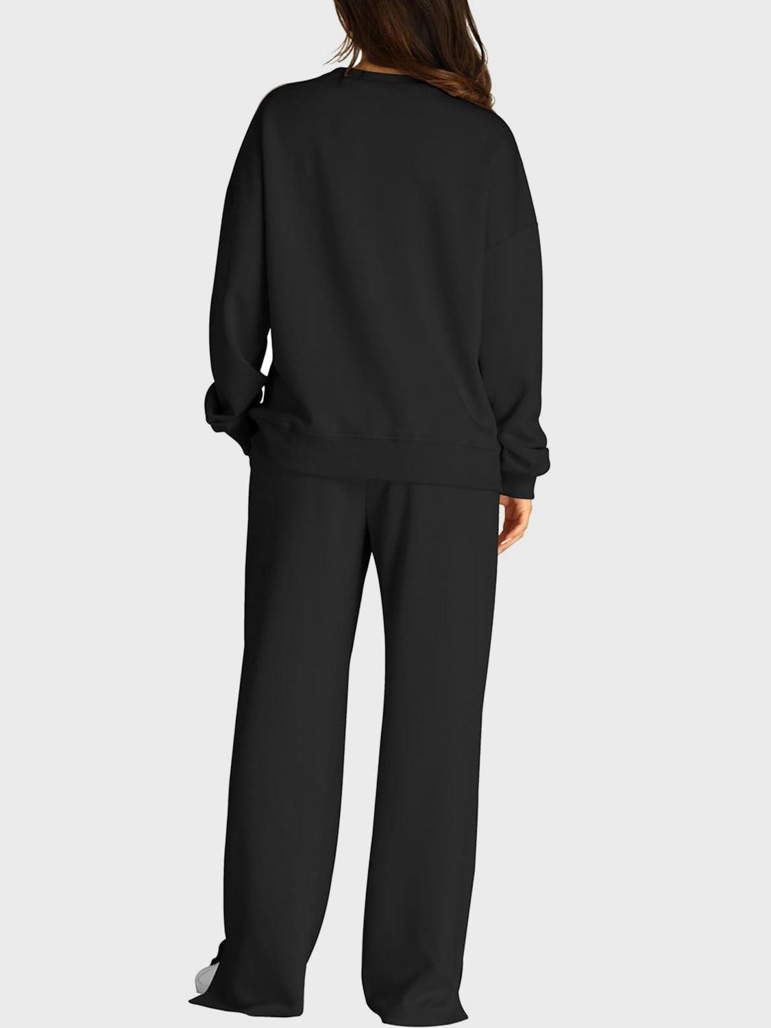 Round Neck Long Sleeve Top and Slit Pants Set - Clothes For Her Online Store