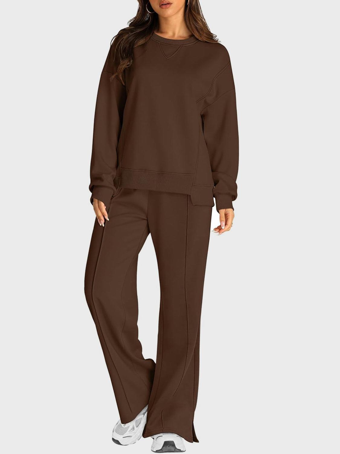 Round Neck Long Sleeve Top and Slit Pants Set - Clothes For Her Online Store