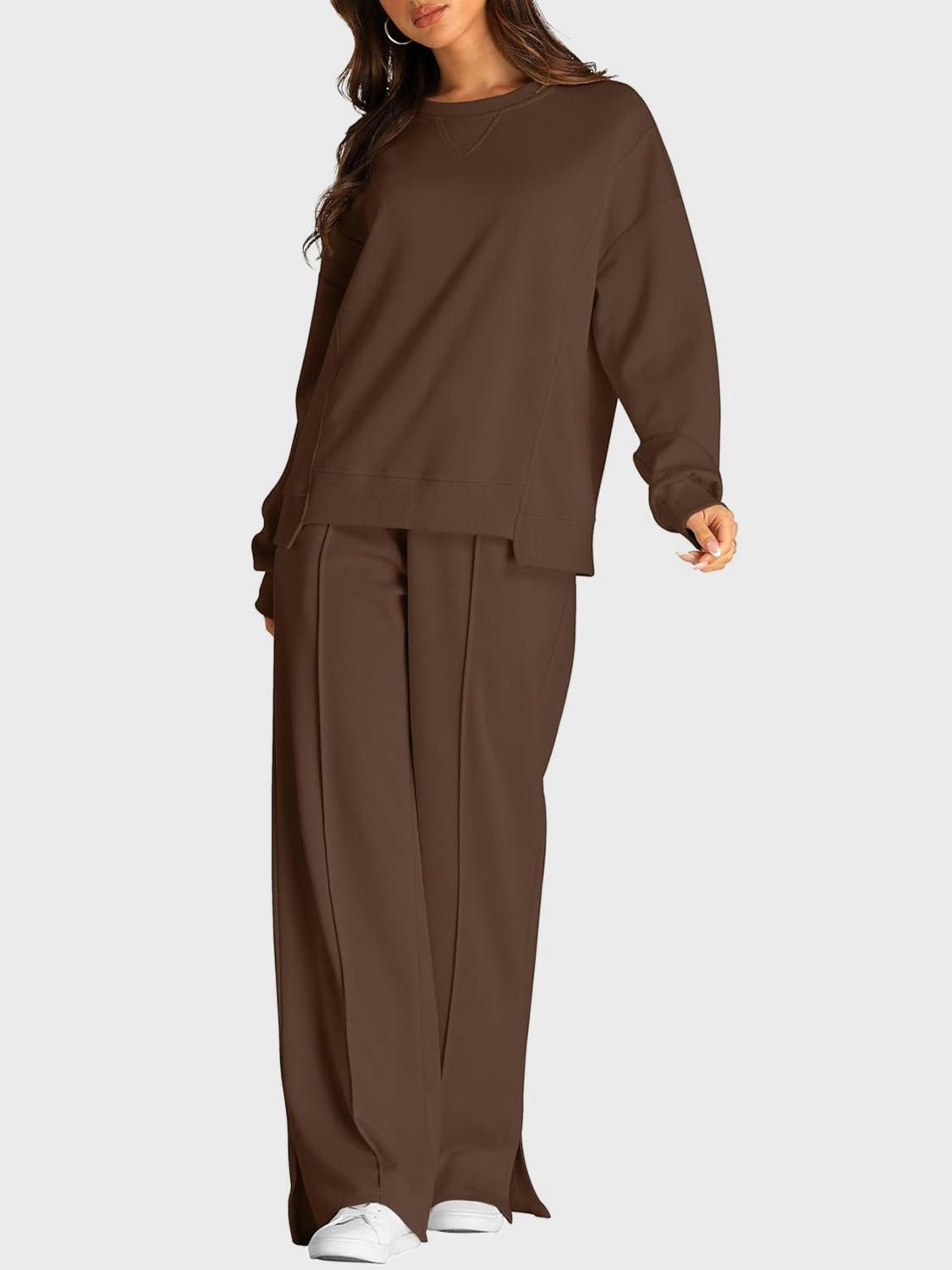 Round Neck Long Sleeve Top and Slit Pants Set - Clothes For Her Online Store