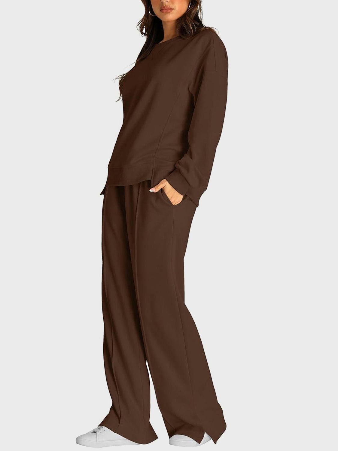 Round Neck Long Sleeve Top and Slit Pants Set - Clothes For Her Online Store