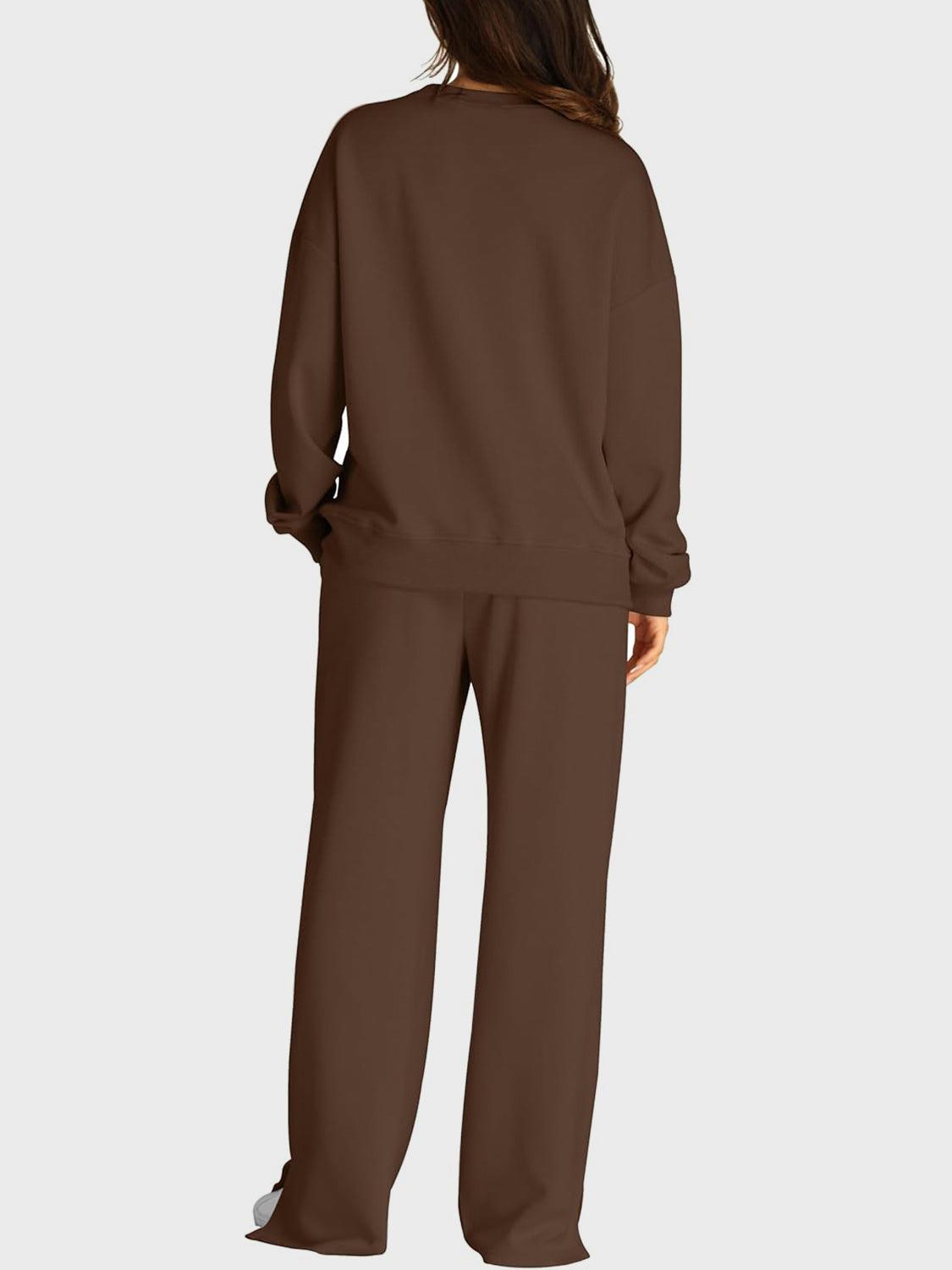 Round Neck Long Sleeve Top and Slit Pants Set - Clothes For Her Online Store