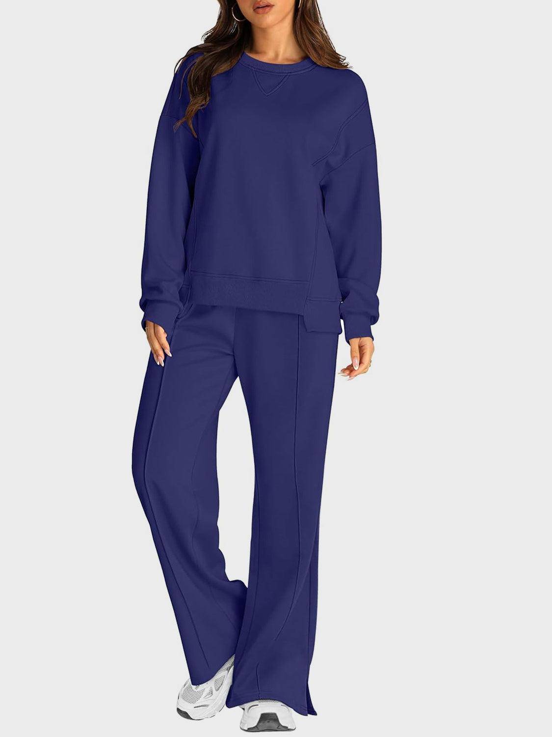 Round Neck Long Sleeve Top and Slit Pants Set - Clothes For Her Online Store