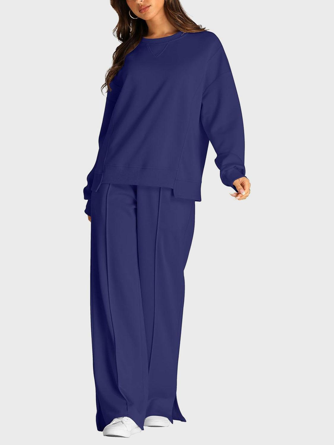 Round Neck Long Sleeve Top and Slit Pants Set - Clothes For Her Online Store
