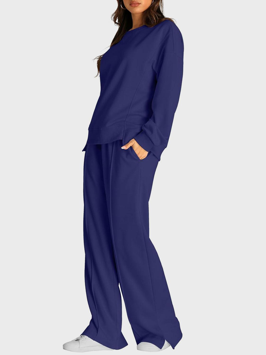 Round Neck Long Sleeve Top and Slit Pants Set - Clothes For Her Online Store