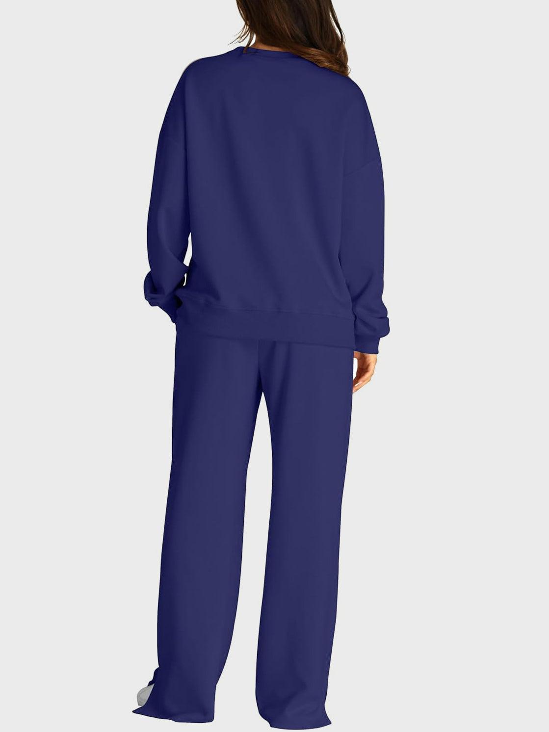 Round Neck Long Sleeve Top and Slit Pants Set - Clothes For Her Online Store