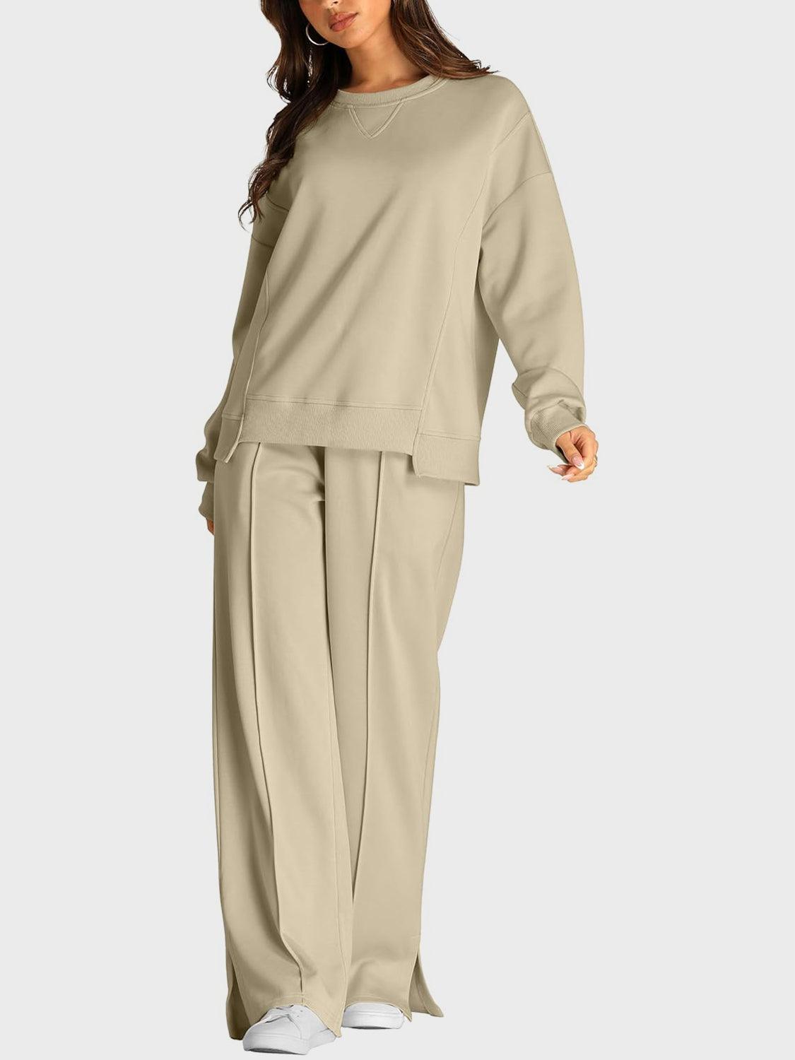 Round Neck Long Sleeve Top and Slit Pants Set - Clothes For Her Online Store