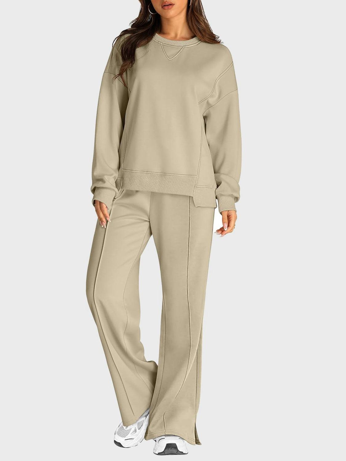 Round Neck Long Sleeve Top and Slit Pants Set - Clothes For Her Online Store