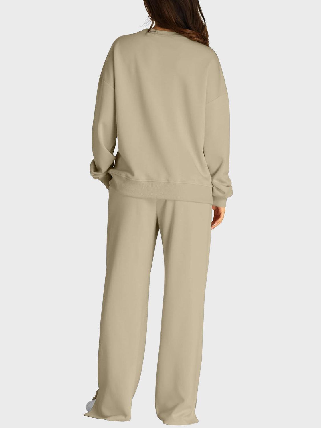 Round Neck Long Sleeve Top and Slit Pants Set - Clothes For Her Online Store