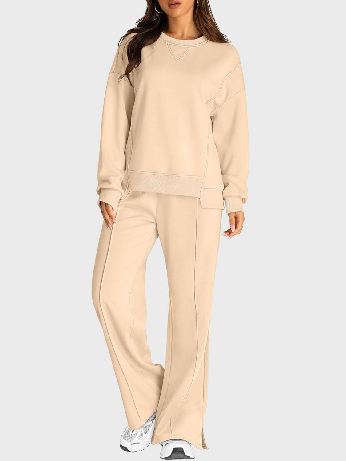 Round Neck Long Sleeve Top and Slit Pants Set - Clothes For Her Online Store