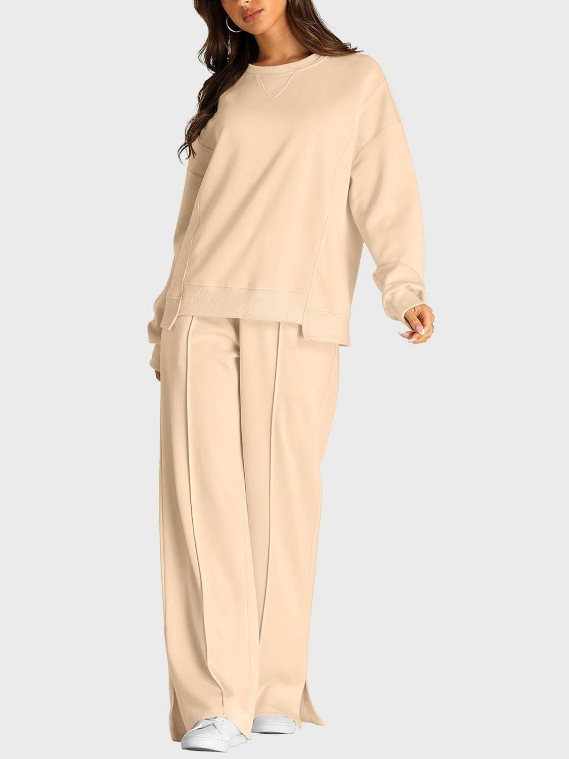 Round Neck Long Sleeve Top and Slit Pants Set - Clothes For Her Online Store