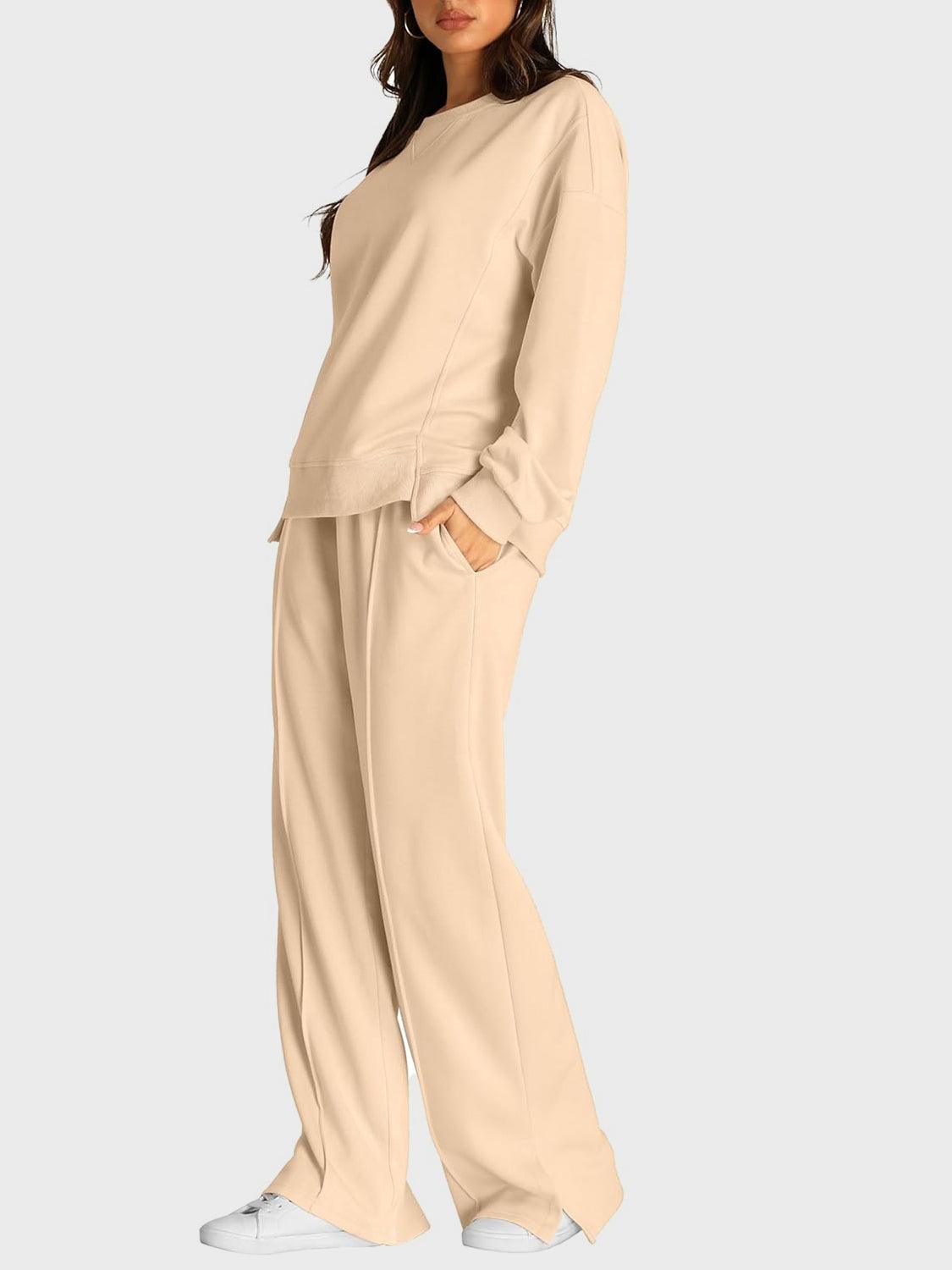 Round Neck Long Sleeve Top and Slit Pants Set - Clothes For Her Online Store