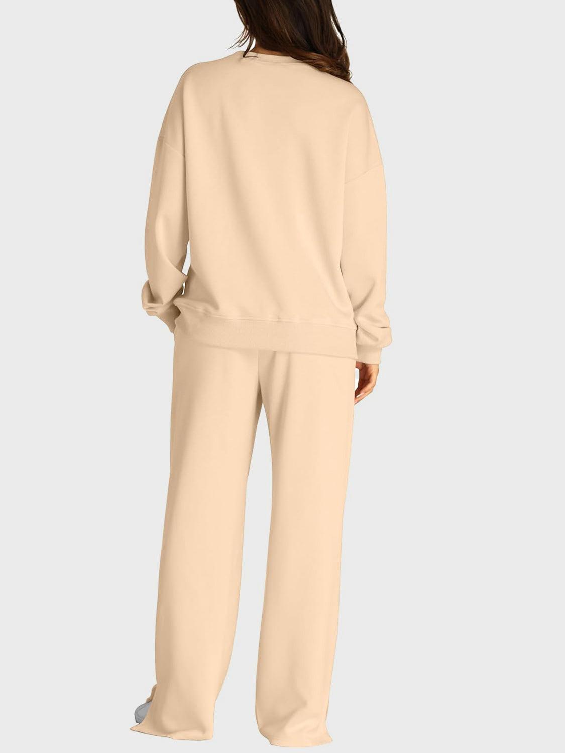 Round Neck Long Sleeve Top and Slit Pants Set - Clothes For Her Online Store