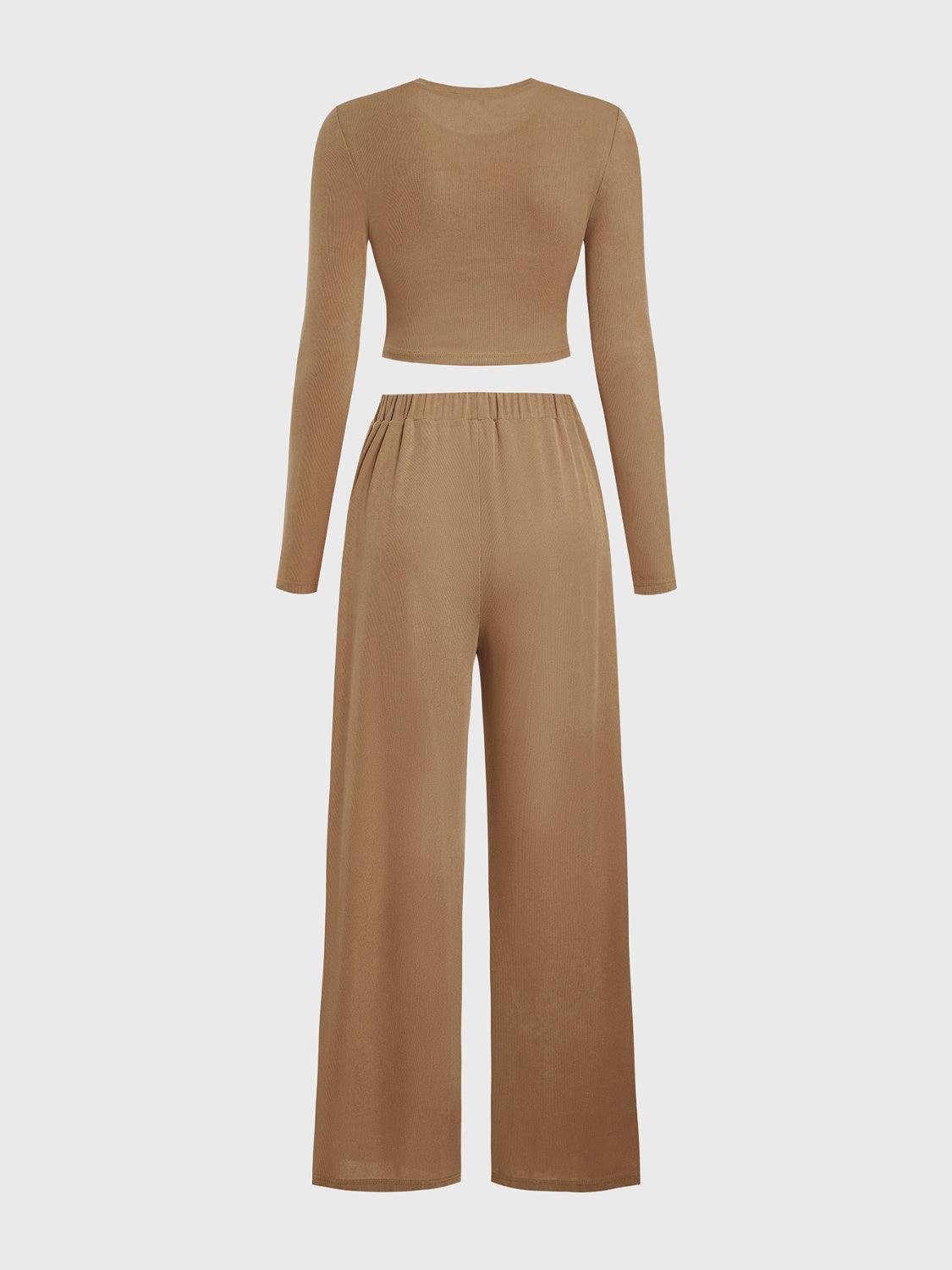 Round Neck Long Sleeve Top and Tied Pants Set - Clothes For Her Online Store