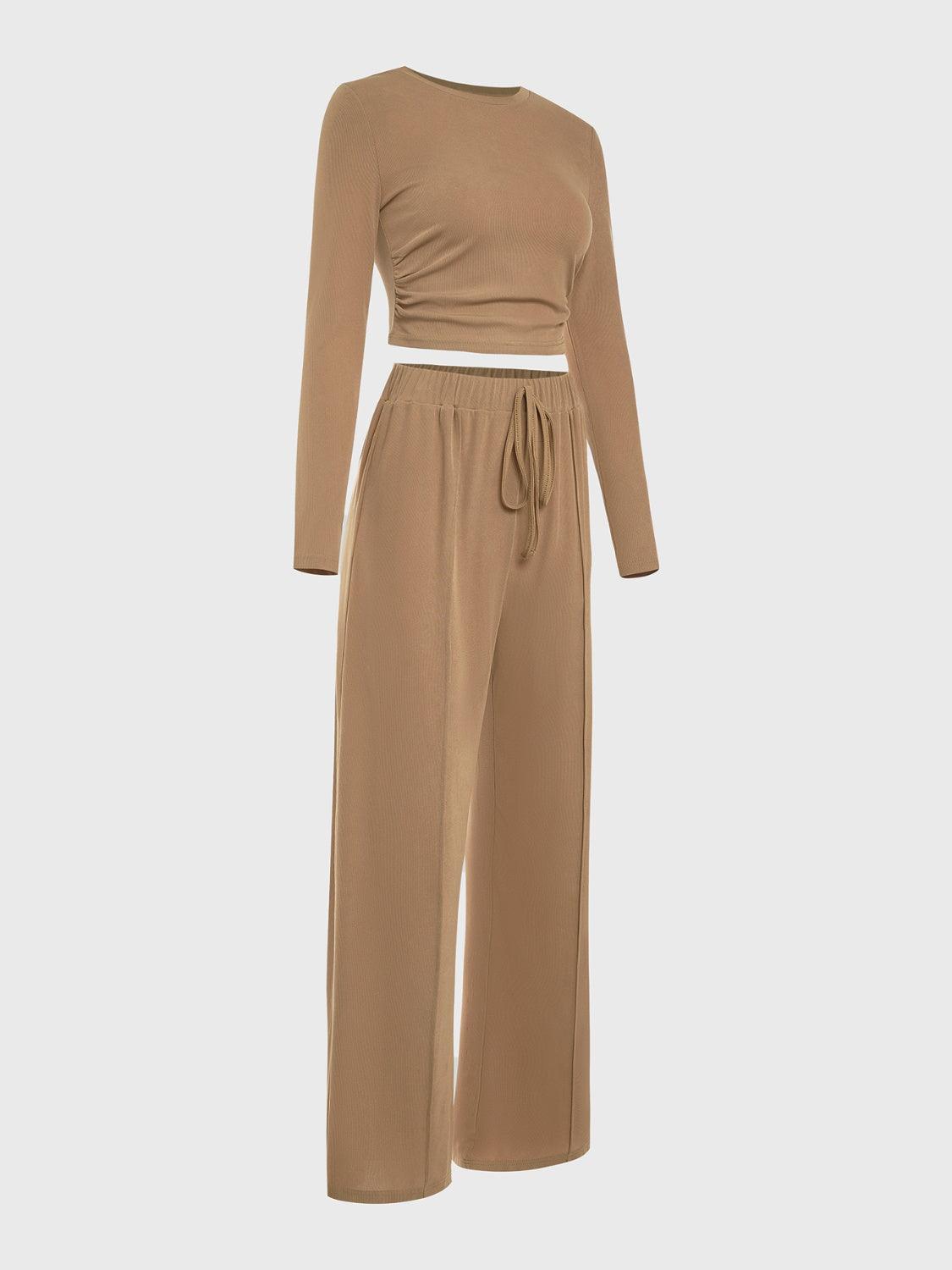 Round Neck Long Sleeve Top and Tied Pants Set - Clothes For Her Online Store