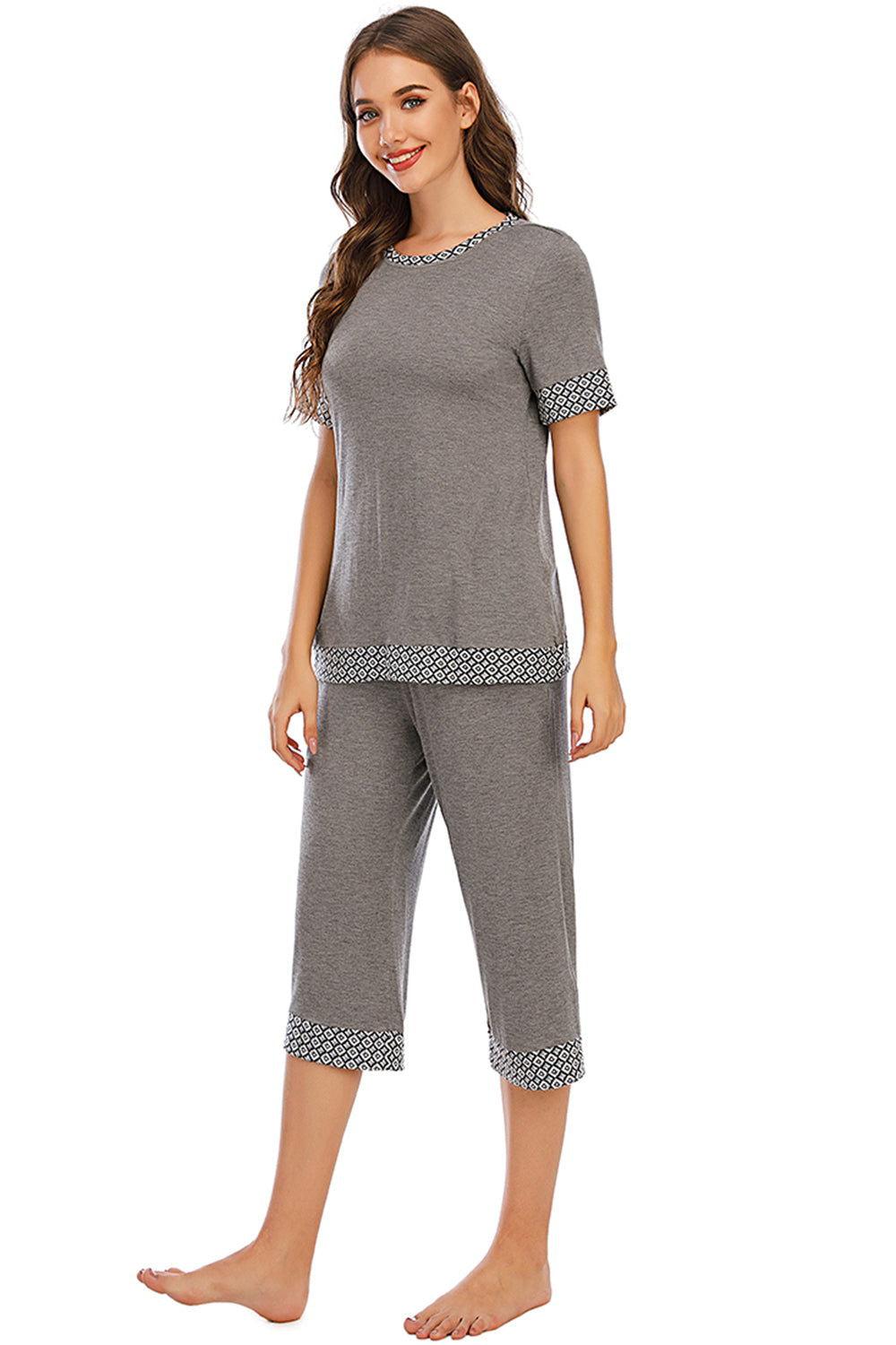 Round Neck Short Sleeve Top and Capris Pants Lounge Set - Clothes For Her Online Store