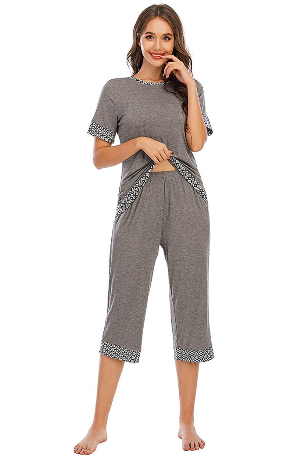 Round Neck Short Sleeve Top and Capris Pants Lounge Set - Clothes For Her Online Store