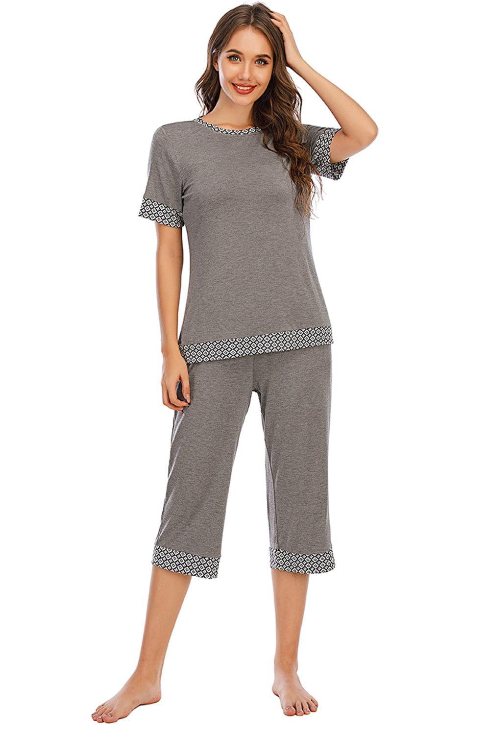 Round Neck Short Sleeve Top and Capris Pants Lounge Set - Clothes For Her Online Store