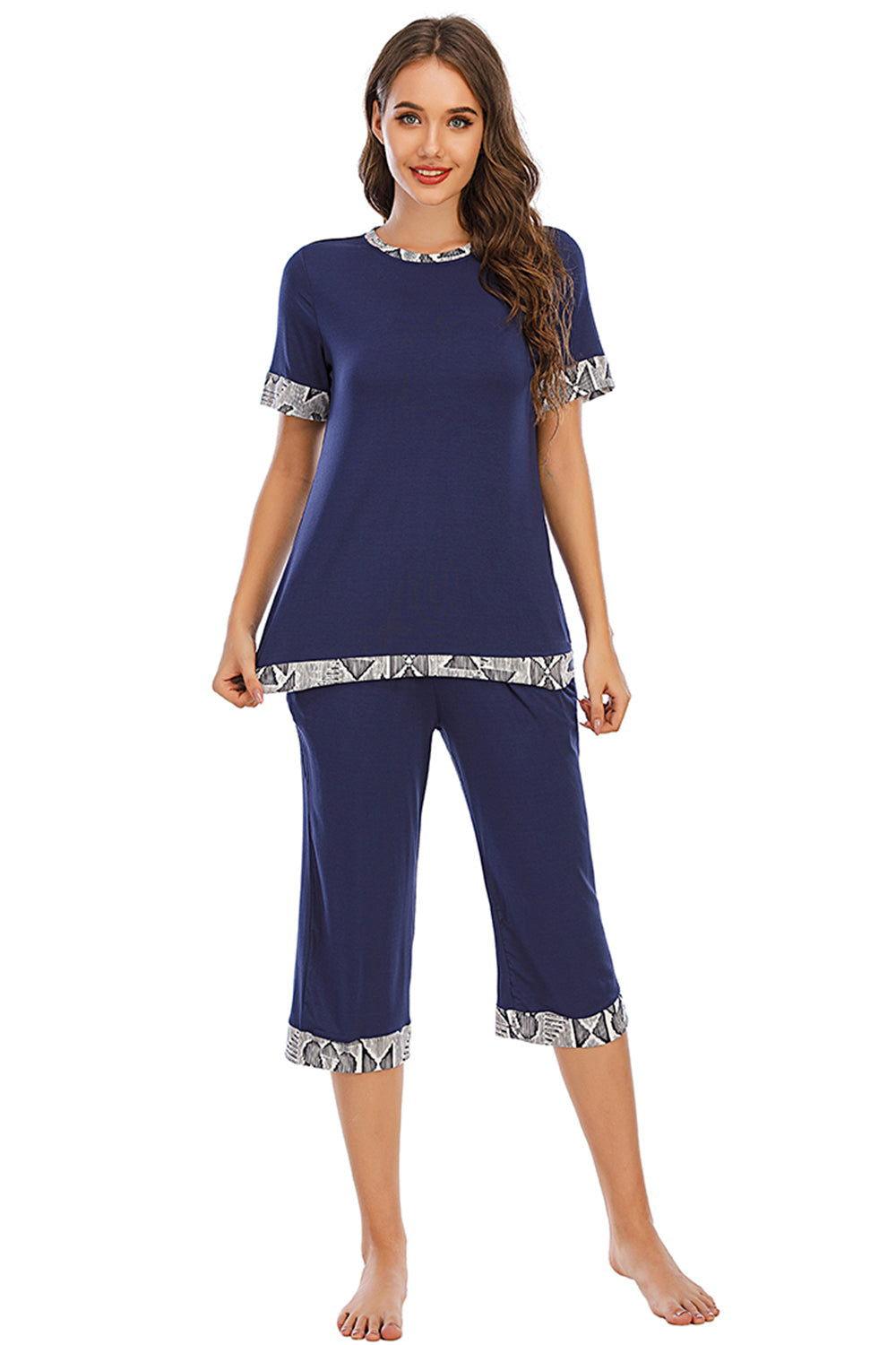 Round Neck Short Sleeve Top and Capris Pants Lounge Set - Clothes For Her Online Store