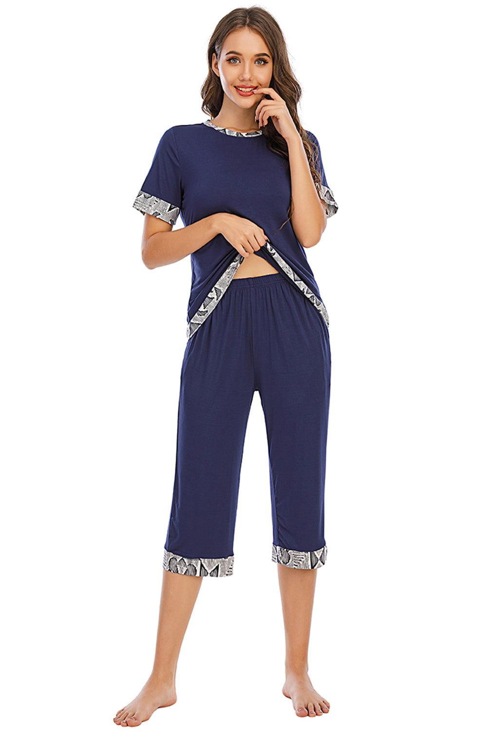 Round Neck Short Sleeve Top and Capris Pants Lounge Set - Clothes For Her Online Store