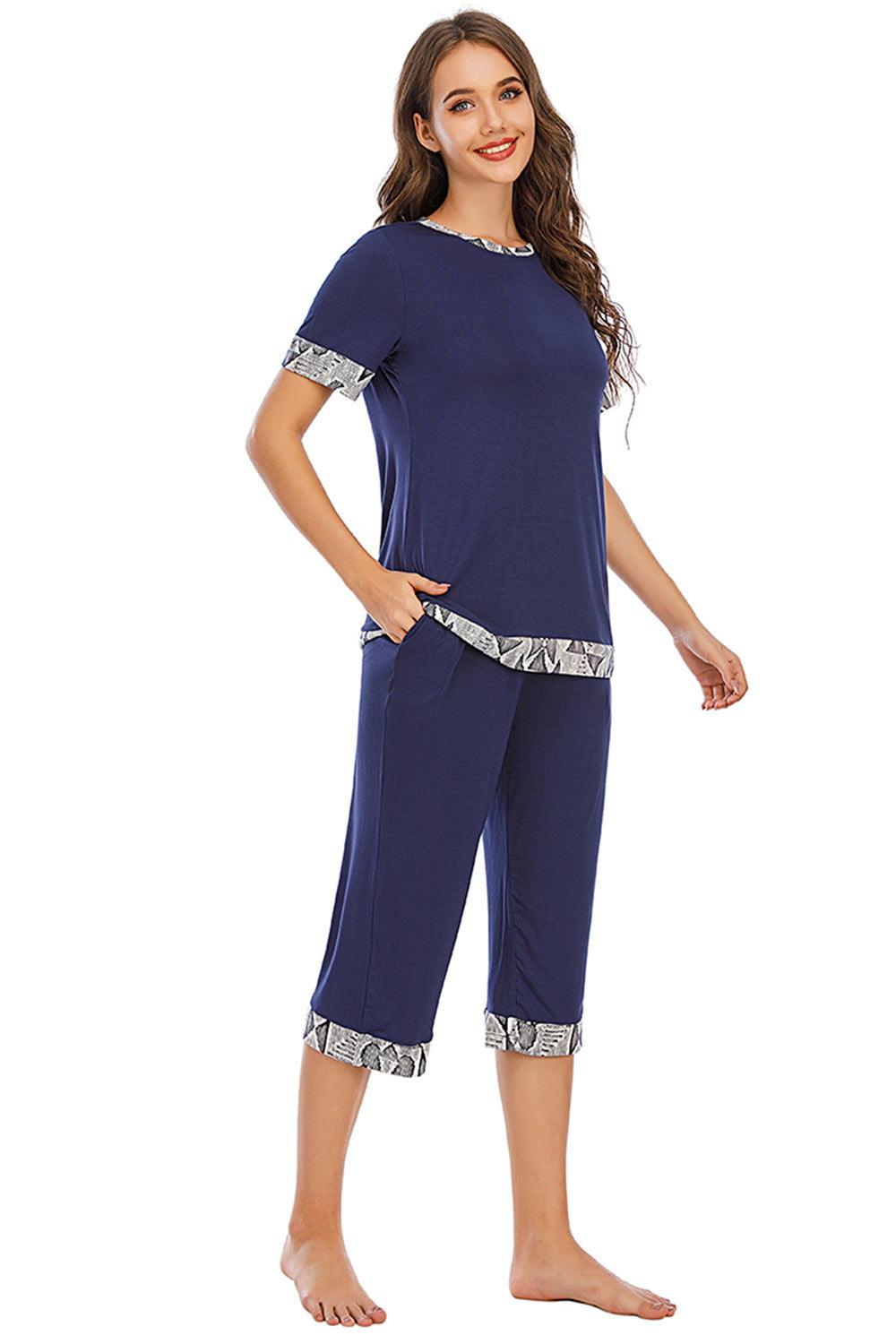 Round Neck Short Sleeve Top and Capris Pants Lounge Set - Clothes For Her Online Store