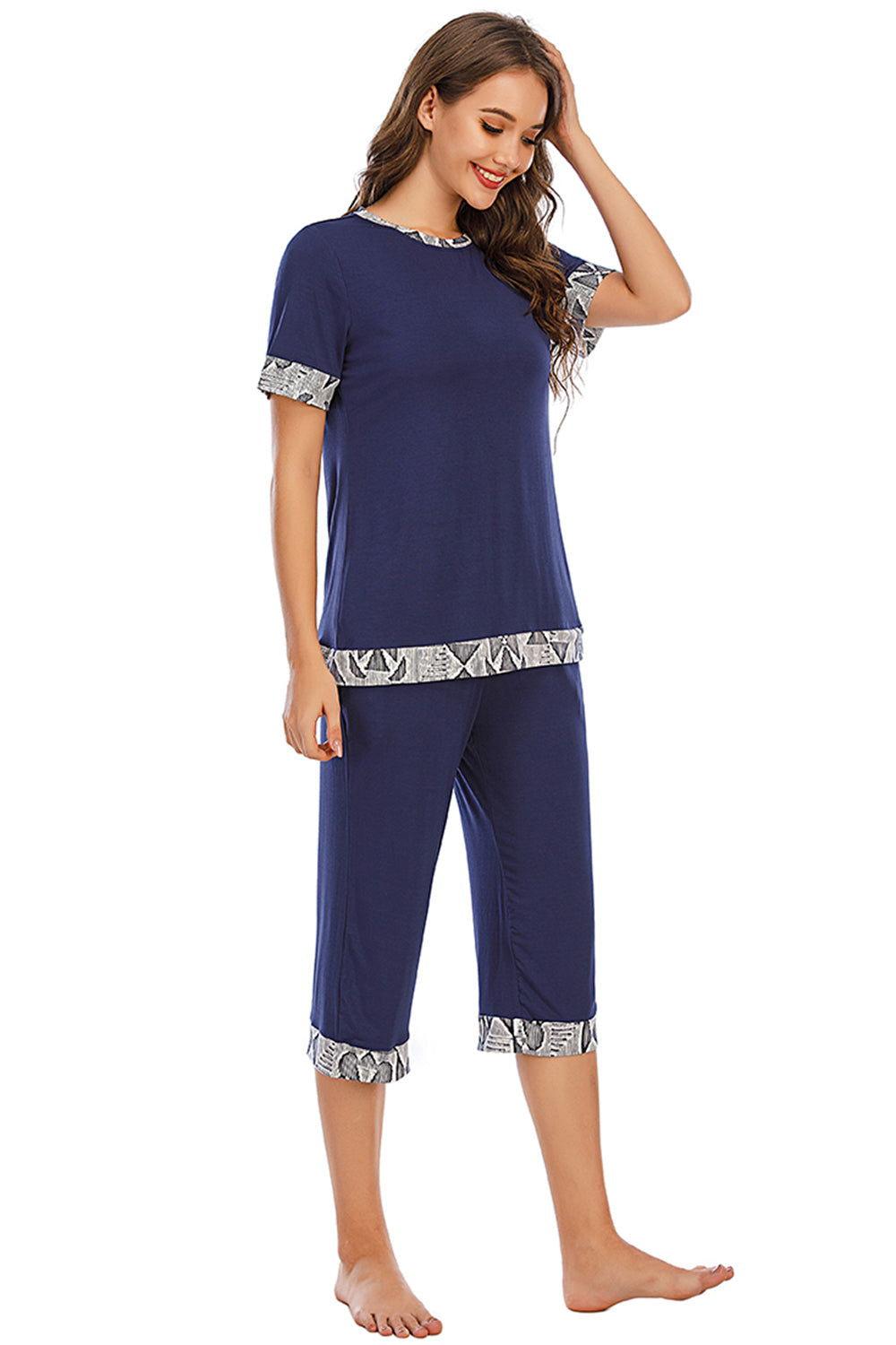 Round Neck Short Sleeve Top and Capris Pants Lounge Set - Clothes For Her Online Store
