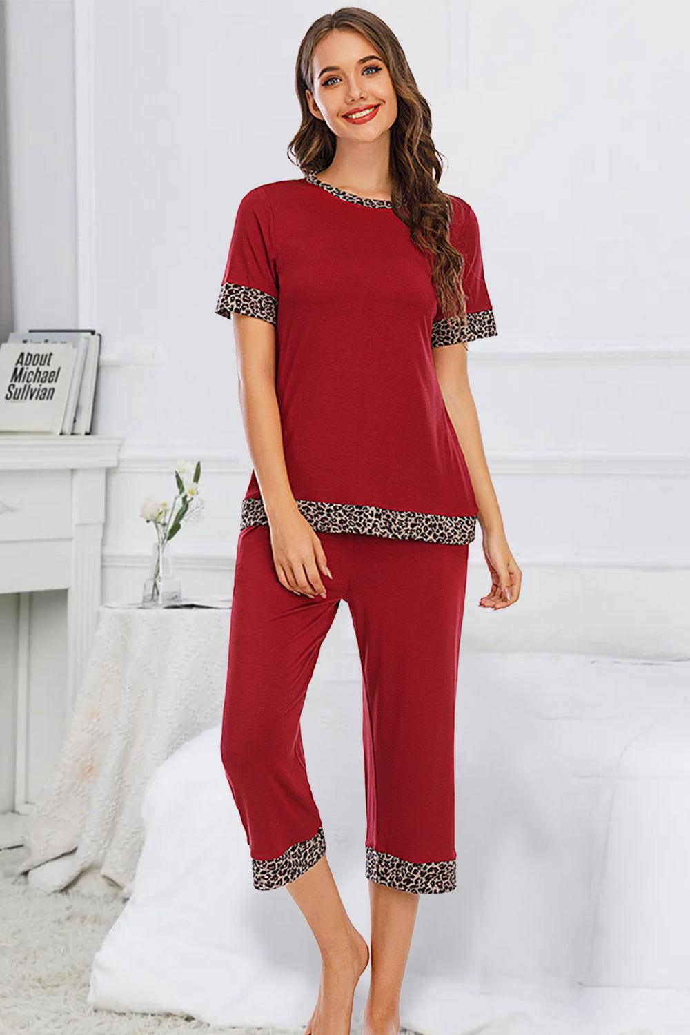 Round Neck Short Sleeve Top and Capris Pants Lounge Set - Clothes For Her Online Store