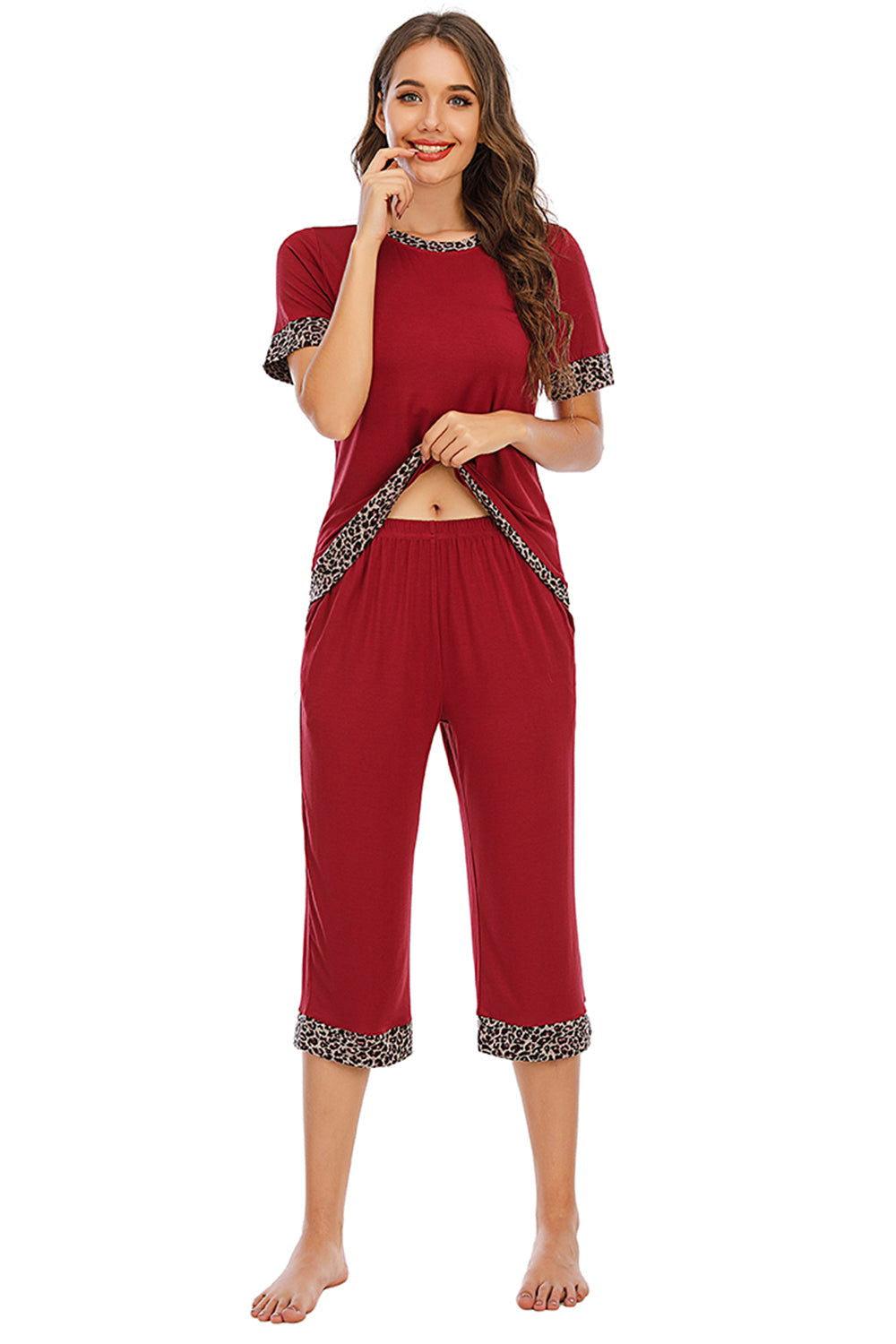 Round Neck Short Sleeve Top and Capris Pants Lounge Set - Clothes For Her Online Store