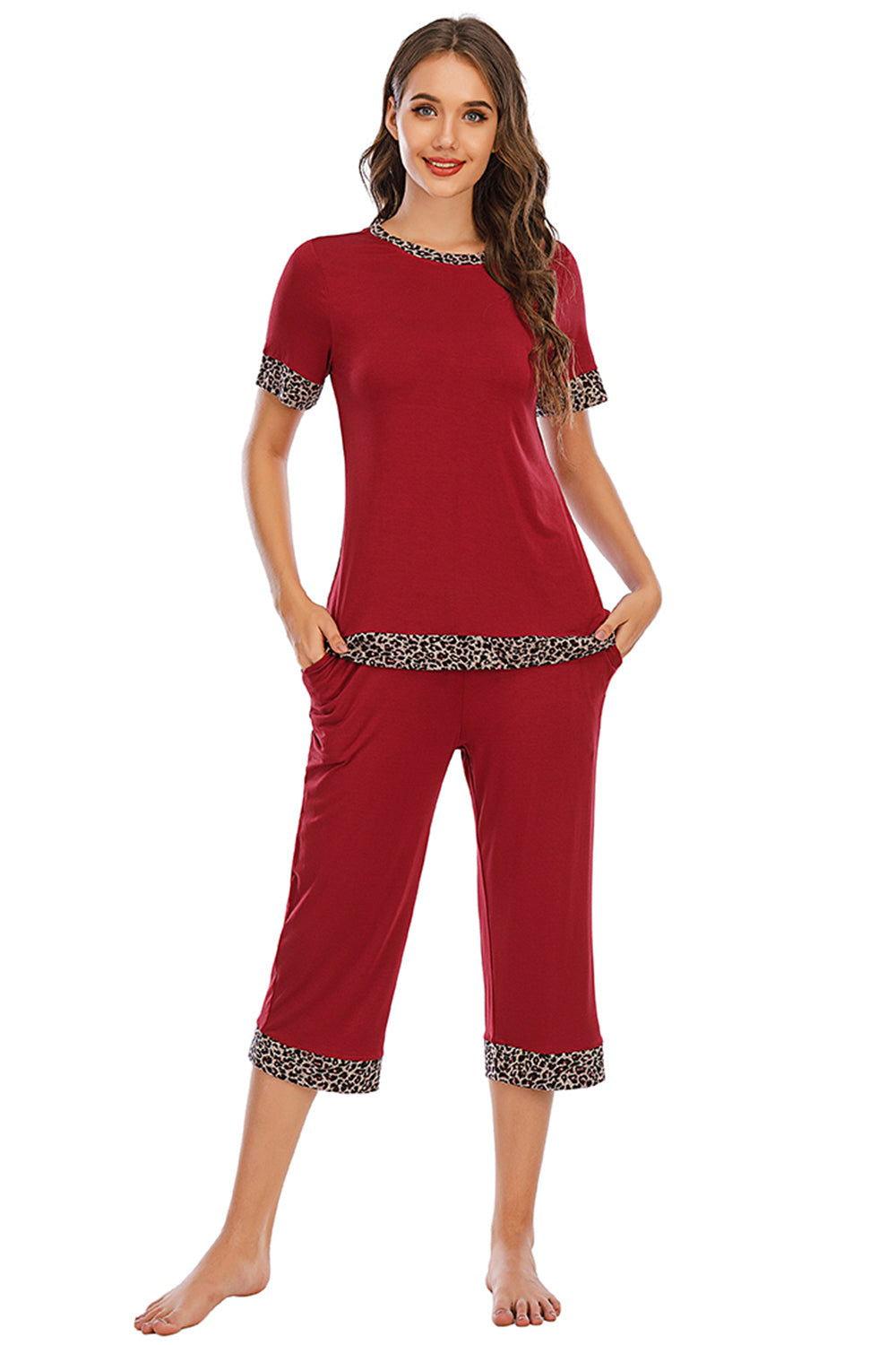 Round Neck Short Sleeve Top and Capris Pants Lounge Set - Clothes For Her Online Store